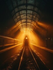 Fototapeta premium A train emerges dramatically from a dimly lit tunnel, with beams of golden light piercing the darkness.