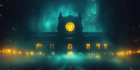 A grand clock tower looms in a misty cityscape, illuminated by bright lights in a dark night setting.
