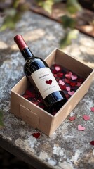 A bottle of red wine is sitting quietly in a cardboard box on a wooden table, creating a simple yet elegant display in the room. Experience gifts like skydiving or pottery classes