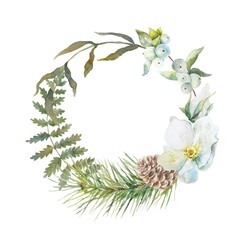 Floral wreath with fir branch, fern, cone, white berries. Watercolor illustration isolated. For cards, invitations, labels, covers, posters, banners.