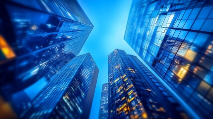 Low angle view of modern skyscrapers reaching towards a vibrant blue sky at twilight.  Cityscape, 