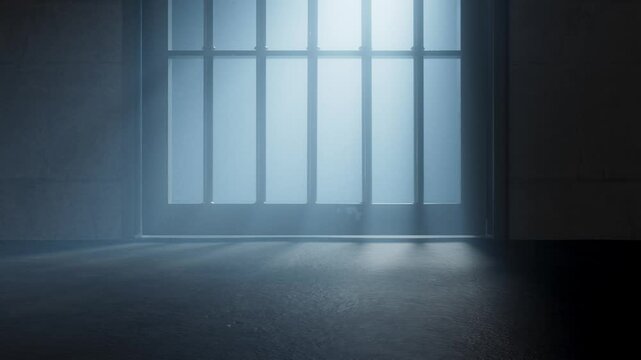 A static camera closeup showing a dimly lit floor of a prison cell and the cast shadows of the door slamming shut