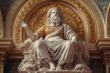 Fototapeta premium Majestic zeus statue dominating ornate golden archway in museum