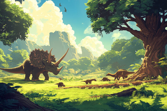 Pr&auml;chtige Dinosaurierherde in einer sonnendurchfluteten Landschaft

