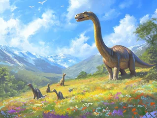 Fototapete Dinosaurier in blühender Wiesenlandschaft unter strahlend blauem Himmel   © Cedric