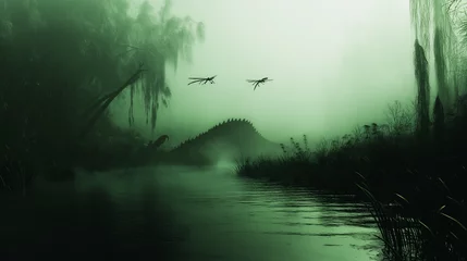 Gardinen Dunkle, neblige Urzeit mit Dinosauriern in mystischer Kulisse   © Cedric