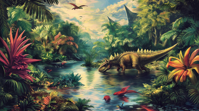 Pr&auml;historische Szene mit Dinosauriern in einer &uuml;ppigen, gr&uuml;nen Landschaft

