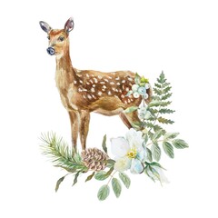Sika deer, roe deer with flower, green leaves, spruce branch. Watercolor illustration isolated. For cards, posters, Nature and Wildlife Protection Day © Farida