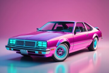 Pink vintage coupe car on pink background.