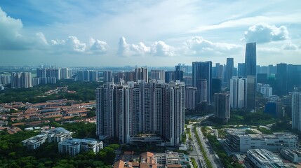Fototapeta premium Aerial View of Modern Cityscape with Skyscrapers and Lush Greenery
