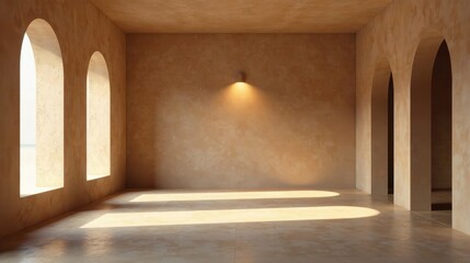 Fototapeta premium Serene Interior Space with Archways and Sunlight Illuminating a Minimalist Room