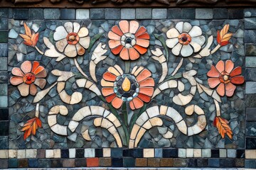 Obraz premium Colorful mosaic depicting blooming flowers with swirling stems and leaves