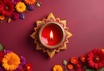 Banner with traditional Diwali diya oil lamp with flowers on red. Deepavali top view greeting template with copy space. Hindu festival of lights. Pongal, Ugadi, Gudi Padwa. Decor for Indian holiday