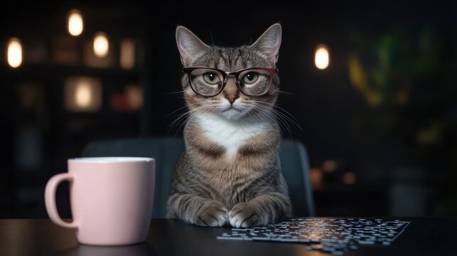 Cute cat with glasses solving puzzle in cozy spring setting