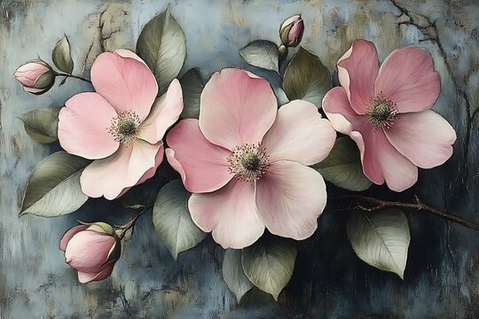 Delicate Pink Blossoms and Lush Green Leaves