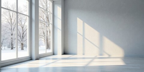 Obraz premium Serene Winter Sunlight Illuminates an Empty Room with Floor-to-Ceiling Windows Showing a Snow Covered Landscape