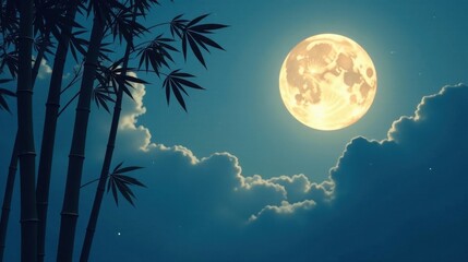 Fototapeta premium Serene Nighttime Scene Featuring Bamboo Silhouettes Underneath a Bright Full Moon and Soft Clouds