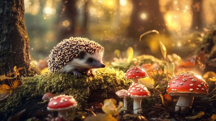 Fototapeta premium Adorable hedgehog in a magical autumn forest with mushrooms.