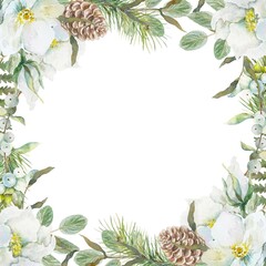 Flower frame with greenery. White rose hip, spruce branch, snowberry, pine cone. Watercolor illustration isolated. Cards, invitations, banners, labels