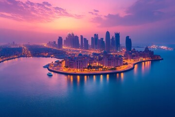 Fototapeta premium Doha skyline illuminating at dusk, qatar, persian gulf