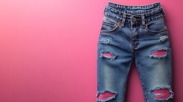 Ripped jeans with pink accents on pink background. - Powered by Adobe