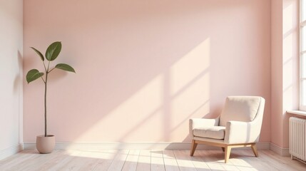 Serene Minimalist Room Interior Design Featuring a Comfortable Armchair and Potted Plant in Soft Pink Walls and Natural Sunlight