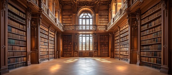 Grand antique library with wooden bookshelves.