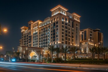 Luxurious hotel building illuminating the night sky with street lights and palm trees