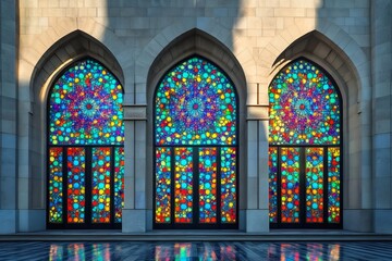 Obraz premium Colorful stained glass windows illuminating modern mosque architecture