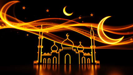 Obraz premium Dynamic flowing curves of gold and turquoise light creating mosque outlines, crescent moons, and stars on a deep black background