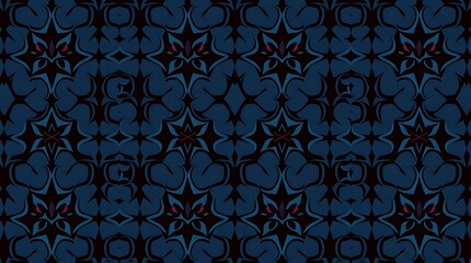 Dark Blue and Black Intricate Pattern: An abstract and mesmerizing seamless pattern, featuring a repeating design of dark blue, black, and red elements that resemble stars, hearts.