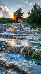 Sunset at Terme di Saturnia Hot Springs Cascading Waterfalls in Tuscany Italy, Relaxing Landscape with Water Pools and Nature Scenery