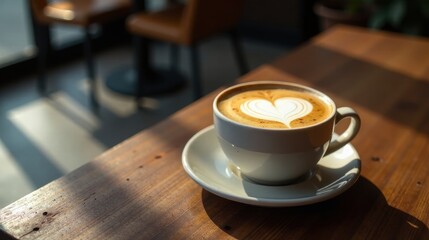 Obraz premium Aromatic Latte Art Heart-Shaped Foam in a Warm Morning Beverage on Wooden Table