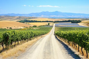 Fototapeta premium Serene Country Road Surrounded by Lush Vineyards and Scenic Mountain Views