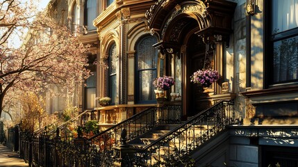 Fototapeta premium Charming, historic brownstones in a city neighborhood, adorned with ornate details, springtime blossoms, and morning sunlight.