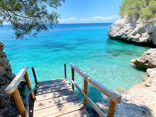 Fototapeta premium Wooden steps leading to turquoise cove with crystal clear water.