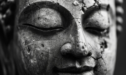 Serene Black and White Buddha Face Close-Up, Capturing the Essence of Buddhist Tranquility and Spiritual Reflection, Cracked Texture Detailing, Meditation and Peace Concept