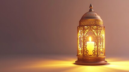 Golden lantern with candle, lamp with arabic decoration, arabesque design. Concept for islamic celebration day ramadan kareem or eid al fitr adha. 3d rendering illustration.