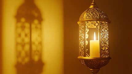 Golden lantern with candle, lamp with arabic decoration, arabesque design. Concept for islamic celebration day ramadan kareem or eid al fitr adha. 3d rendering illustration.