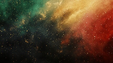 A textured background featuring bold red, black, and green abstract brush strokes, with golden accents