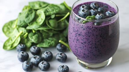 A vibrant blueberry smoothie garnished with fresh spinach leaves.