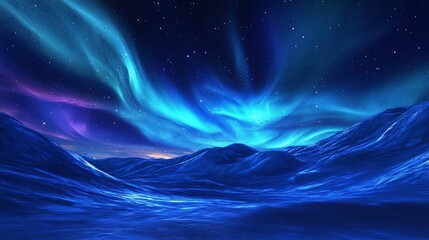 Aurora borealis lights up a snowy mountain landscape at night.