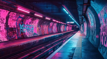 A futuristic subway station with graffiti-covered walls and neon lights reflecting off the tracks