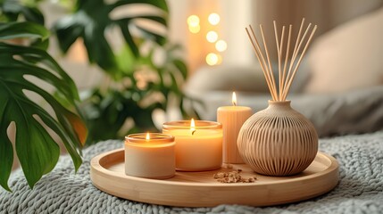 Cozy home interior featuring a wooden tray with scented candles, reed diffuser, soft cushions, and lush indoor plants, bathed in warm candlelight for a peaceful spa-like setting.
