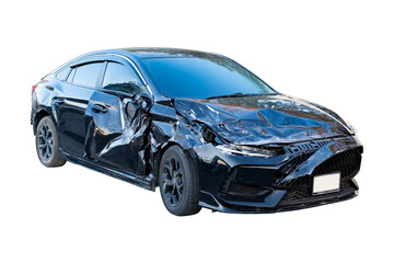 Car crash, Full body front and side view of black car get damaged by accident on the road. damaged...