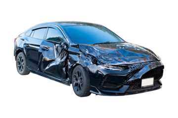 Car crash, Full body front and side view of black car get damaged by accident on the road. damaged cars after collision. Isolated on transparent background, car crash broken, PNG File