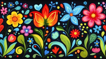 Colorful Floral Pattern Design with Various Flowers and Leaves on Black Background