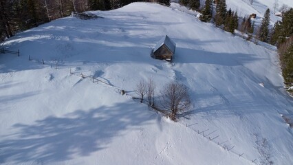 Fototapeta premium Aerial snowy landscape with a solitary cabin.