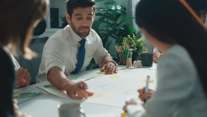 Professional smart business team discussing about using clean energy and sustainable investment at meeting table with wind mill, document with environmental graph and wooden house model. Alimentation.