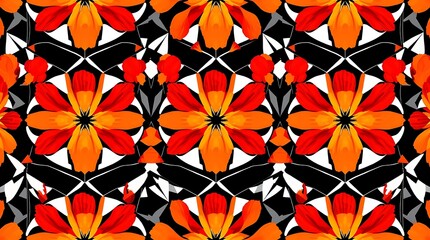 Vibrant Floral Kaleidoscope: A mesmerizing pattern of stylized orange and red flowers, creating a kaleidoscopic effect against a black and white backdrop. Perfect for textile design, wallpaper.